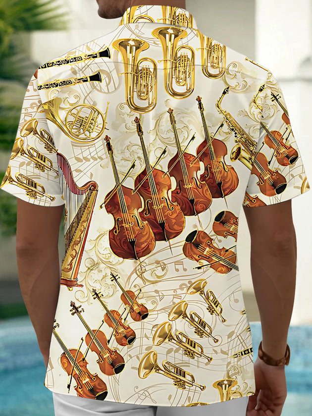Adaychic Men's Vintage Style Musical Instruments Pattern Short Sleeve Shirt with Chest Pocket
