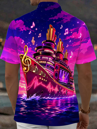 Adaychic Men's Graphic Music Cruise Ship Print Short Sleeve Shirt with Chest Pocket
