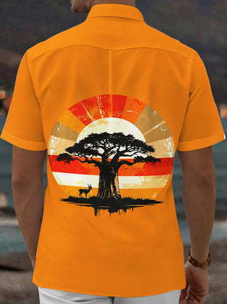 Adaychic Men's Vintage Style Acacia Tree Sunset Print Short Sleeve Shirt with Chest Pocket