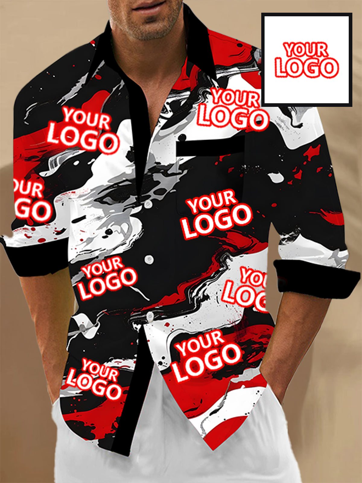 Customized Logo Abstract Men's Pocket Long Sleeve Shirts