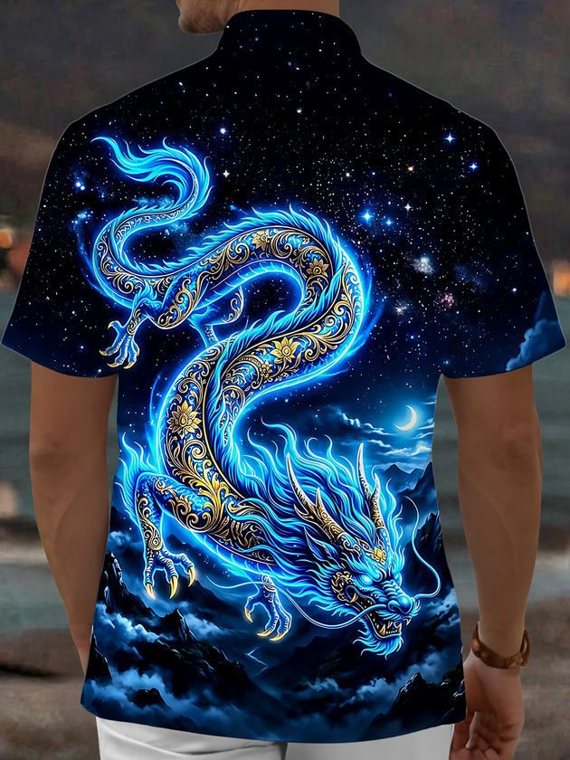 Adaychic Men's Graphic Blue Dragon Print Short Sleeve Shirt with Chest Pocket