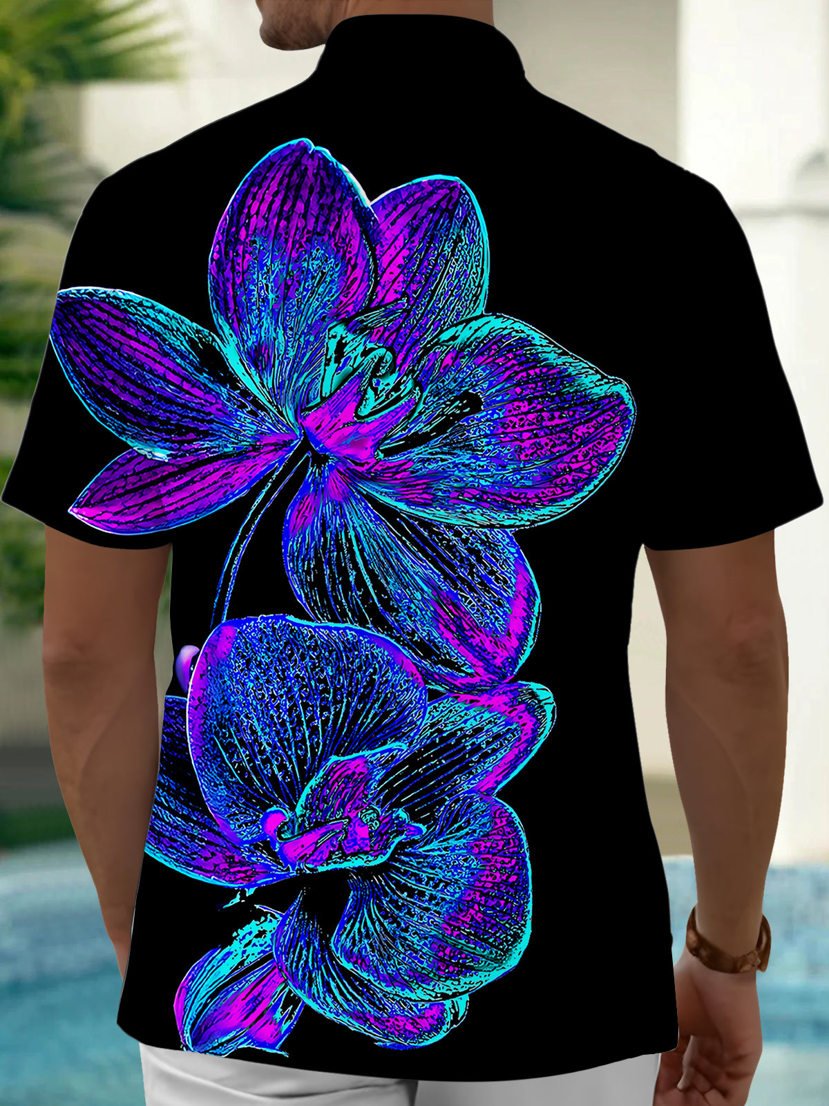 Adaychic Men's Hawaiian Neon Orchid Flowers Print Short Sleeve Shirt with Chest Pocket