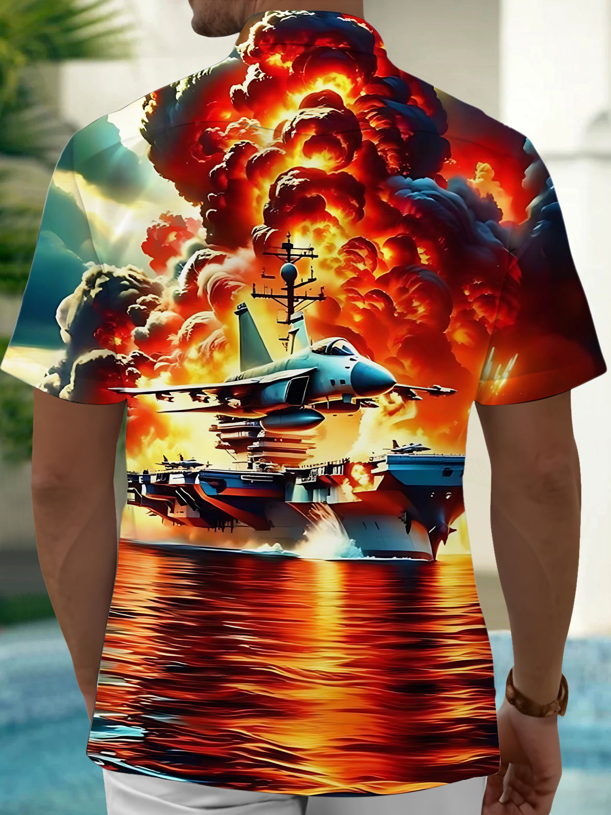 Adaychic Men's Graphic Aircraft Carrier Print Short Sleeve Shirt with Chest Pocket