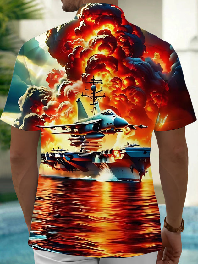 Adaychic Men's Graphic Aircraft Carrier Print Short Sleeve Shirt with Chest Pocket