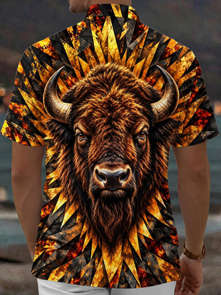 Adaychic Men's Hawaiian African Bison Head Print Short Sleeve Shirt with Chest Pocket
