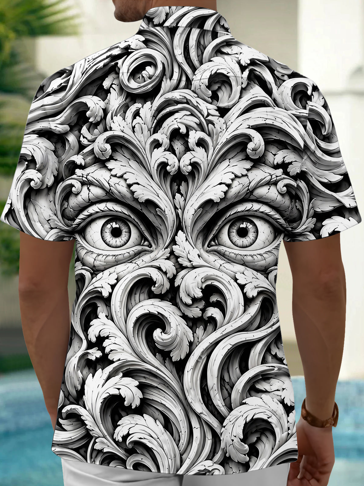 Adaychic Men's 3D Baroque Scrollwork And Human Eyes Print Short Sleeve Shirt with Chest Pocket