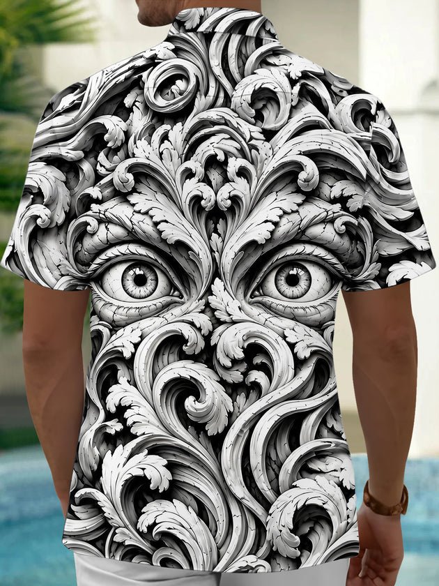 Adaychic Men's 3D Baroque Scrollwork And Human Eyes Print Short Sleeve Shirt with Chest Pocket