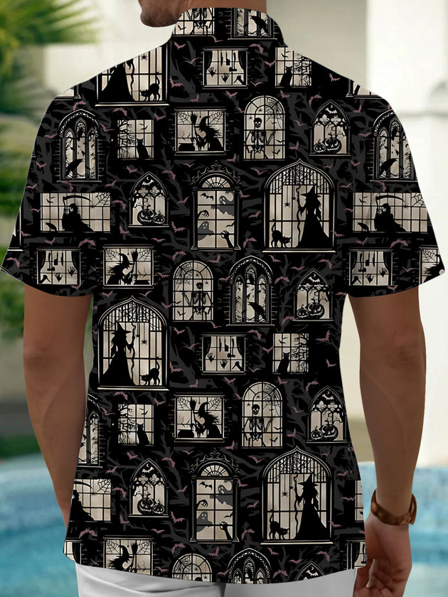 Adaychic Men's Printed Halloween Gothic Windows Print Short Sleeve Shirt with Chest Pocket