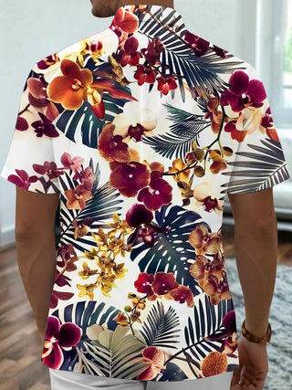 Men's Hawaiian floral leaf pocket short sleeve shirt back view