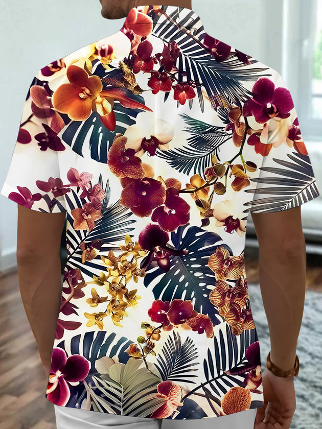 Men's Hawaiian floral leaf pocket short sleeve shirt back view