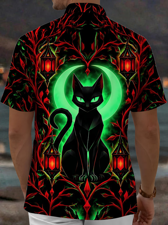 Adaychic Men's Short Sleeve Shirt - Halloween Black Cat With Green Moon And Red Lanterns Print with Chest Pocket