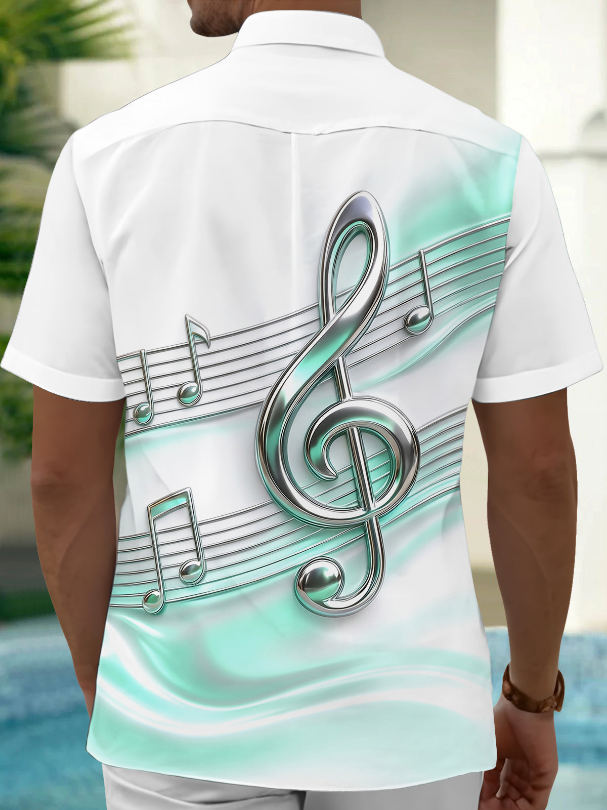 Adaychic Men's Short Sleeve Shirt - 3D Musical Notes And Treble Clef On Staff Print with Chest Pocket
