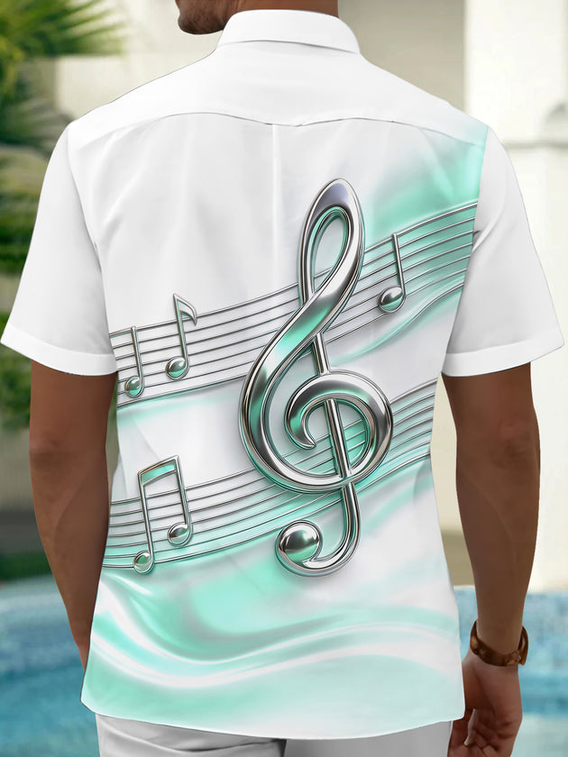 Adaychic Men's Short Sleeve Shirt - 3D Musical Notes And Treble Clef On Staff Print with Chest Pocket