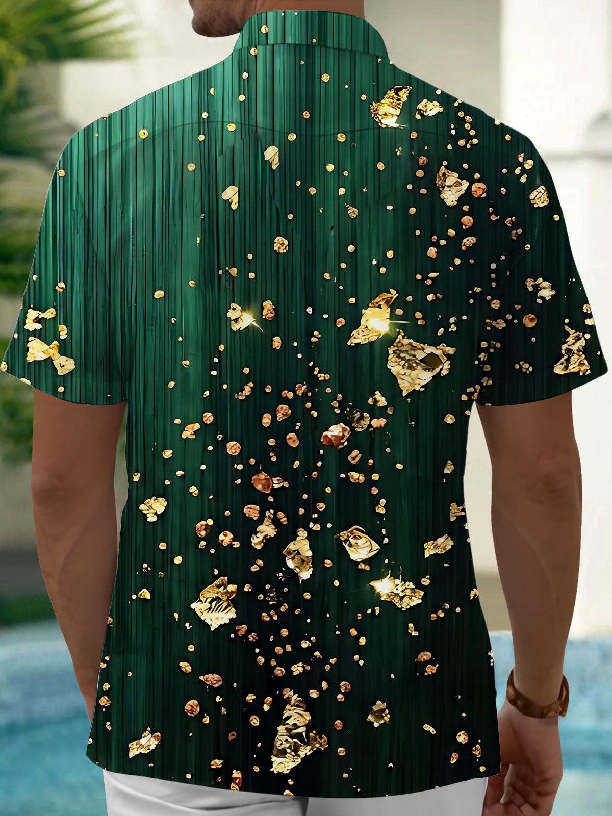Adaychic Men's Hawaiian Gold Foil Crystals And Dots Print Short Sleeve Shirt with Chest Pocket
