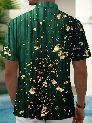 Adaychic Men's Hawaiian Gold Foil Crystals And Dots Print Short Sleeve Shirt with Chest Pocket