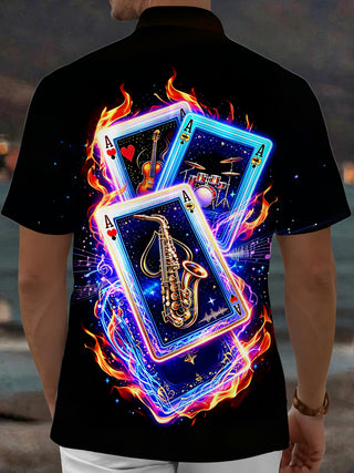 Adaychic Men's Graphic Musical Instruments Print Short Sleeve Shirt with Chest Pocket