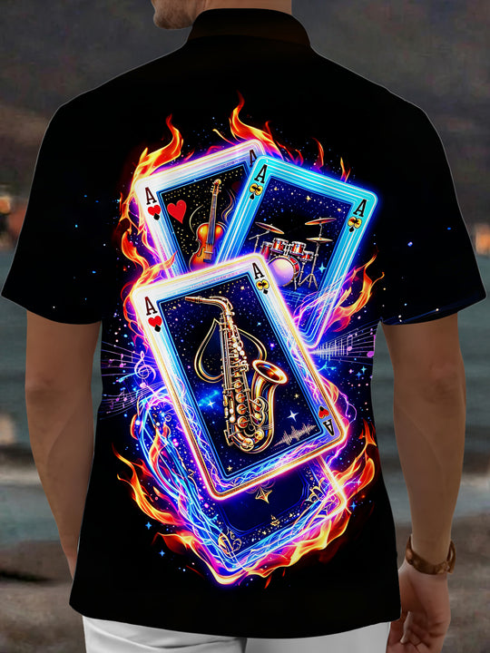 Adaychic Men's Graphic Musical Instruments Print Short Sleeve Shirt with Chest Pocket