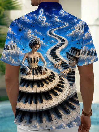 Adaychic Men's Graphic Musical Notes Print Music Print Short Sleeve Shirt with Chest Pocket