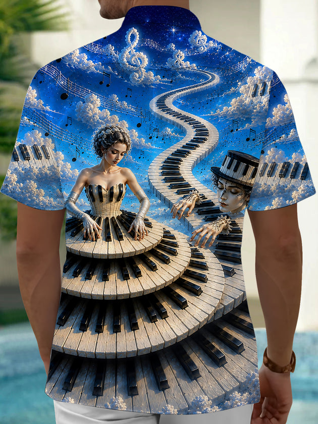 Adaychic Men's Graphic Musical Notes Print Music Print Short Sleeve Shirt with Chest Pocket