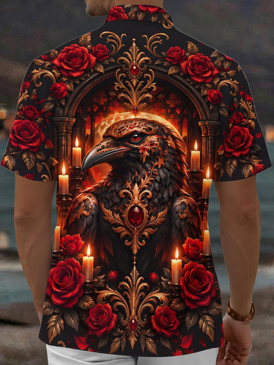 Adaychic Men's Graphic Gothic Crow Print Red Roses Print Short Sleeve Shirt with Chest Pocket