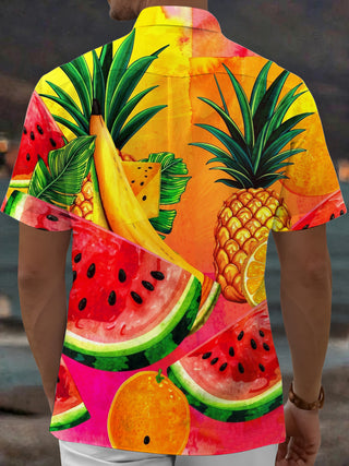 Adaychic Men's Hawaiian Tropical Fruit Pattern Short Sleeve Shirt with Chest Pocket