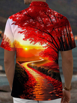 Adaychic Men's Hawaiian Autumn Maple Sunset Scenery Print Short Sleeve Shirt with Chest Pocket