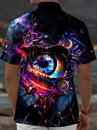 Adaychic Men's Graphic Mystic Raven And Cosmic Eye Print Short Sleeve Shirt with Chest Pocket