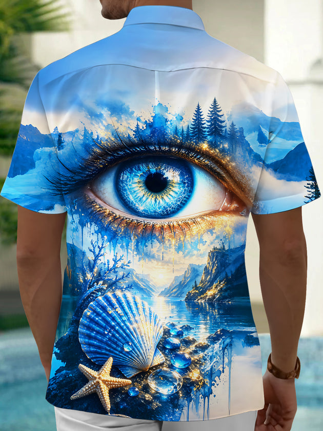 Adaychic Men's Graphic Blue Eye Landscape Print Short Sleeve Shirt with Chest Pocket