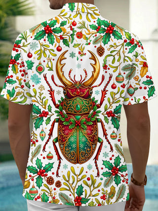 Adaychic Men's Hawaiian Christmas Jewel Stag Beetle Print Short Sleeve Shirt with Chest Pocket