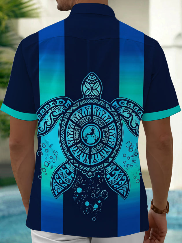 Adaychic Men's Hawaiian Tribal Turtle Design Print Short Sleeve Shirt with Chest Pocket