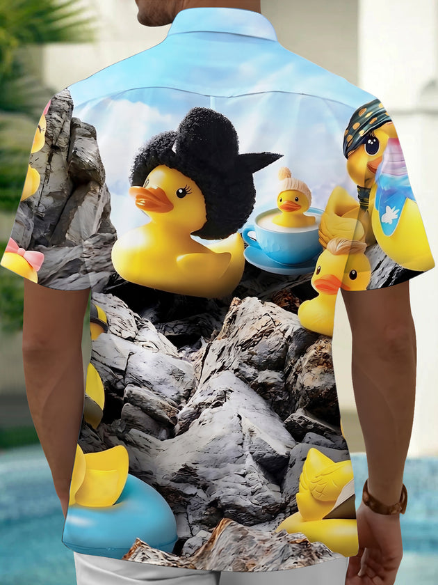 Adaychic Men's Hawaiian Rubber Duck Characters Print Short Sleeve Shirt with Chest Pocket