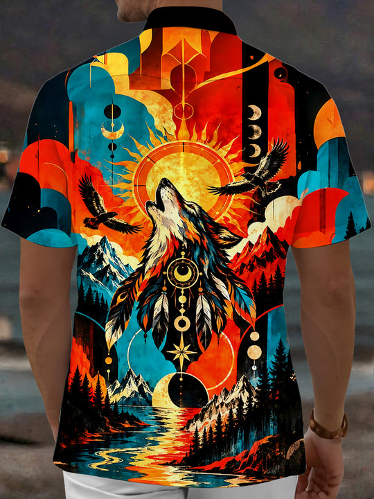 Adaychic Men's Hawaiian Howling Wolf Print Short Sleeve Shirt with Chest Pocket