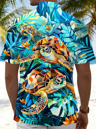 Adaychic Men's Hawaiian Geometric Sea Turtle Print Short Sleeve Shirt with Chest Pocket