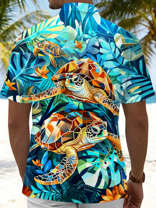 Adaychic Men's Hawaiian Geometric Sea Turtle Print Short Sleeve Shirt with Chest Pocket