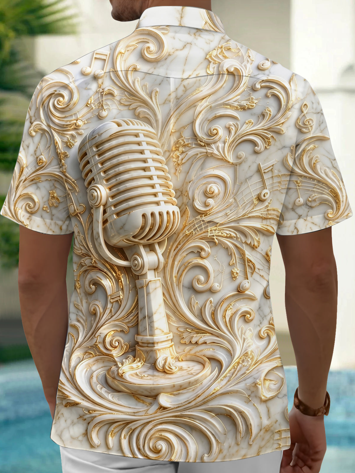 Adaychic Men's Marble Embossed Microphone Print Short Sleeve Shirt with Chest Pocket