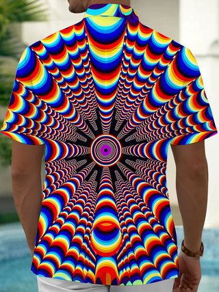 Adaychic Men's Geometric Psychedelic Rainbow Arc Print Short Sleeve Shirt with Chest Pocket