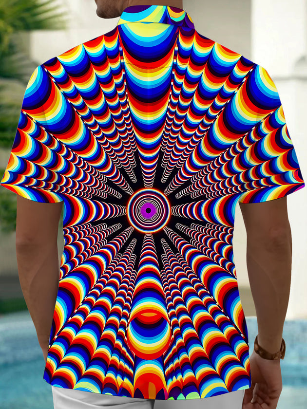 Adaychic Men's Geometric Psychedelic Rainbow Arc Print Short Sleeve Shirt with Chest Pocket