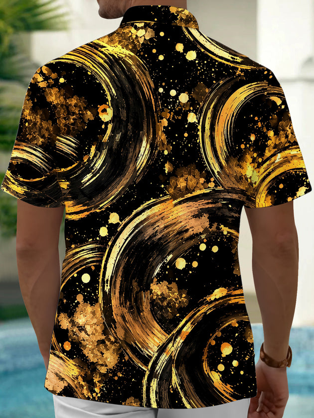 Adaychic Men's Short Sleeve Shirt - Abstract Gold And Black Swirls With Splatters Print with Chest Pocket
