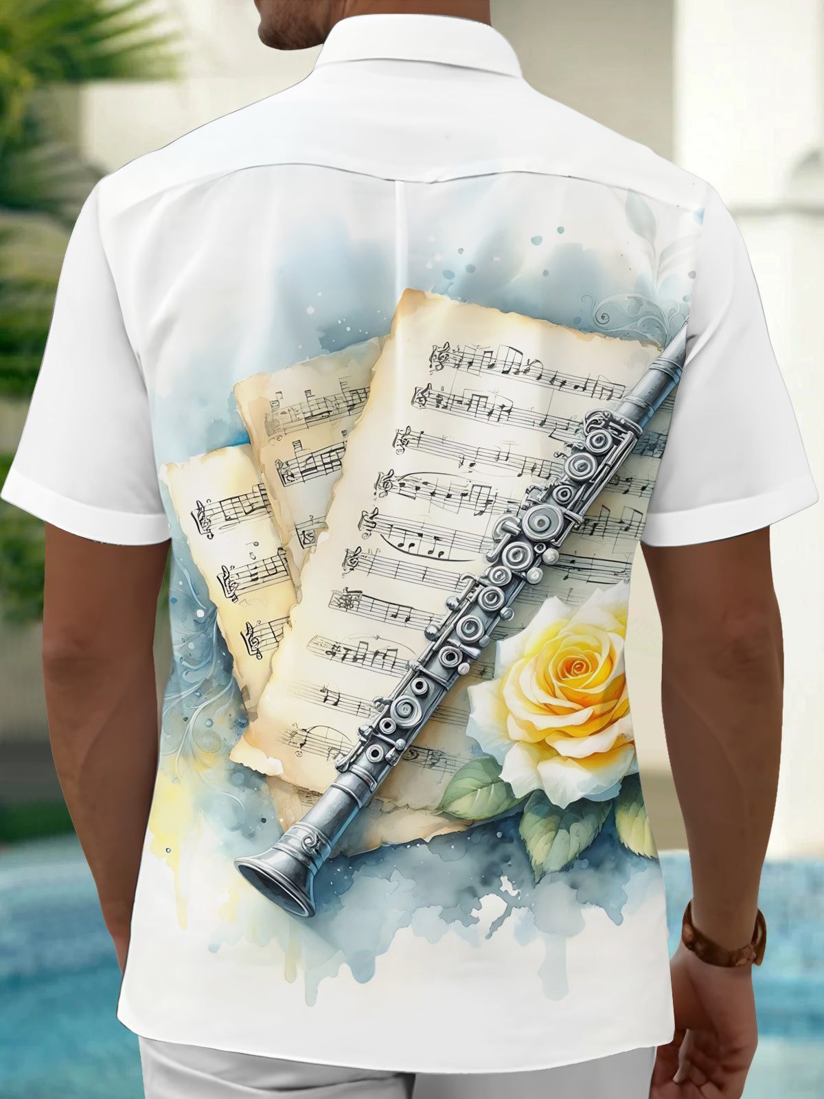 Adaychic Men's Vintage Style Sheet Music Print Short Sleeve Shirt with Chest Pocket