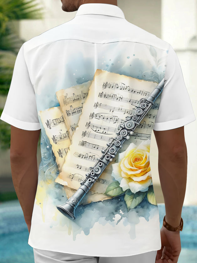 Adaychic Men's Vintage Style Sheet Music Print Short Sleeve Shirt with Chest Pocket