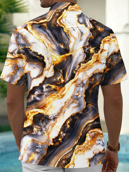 Adaychic Men's Patterned Black Gold Gilded Marble Print Short Sleeve Shirt with Chest Pocket