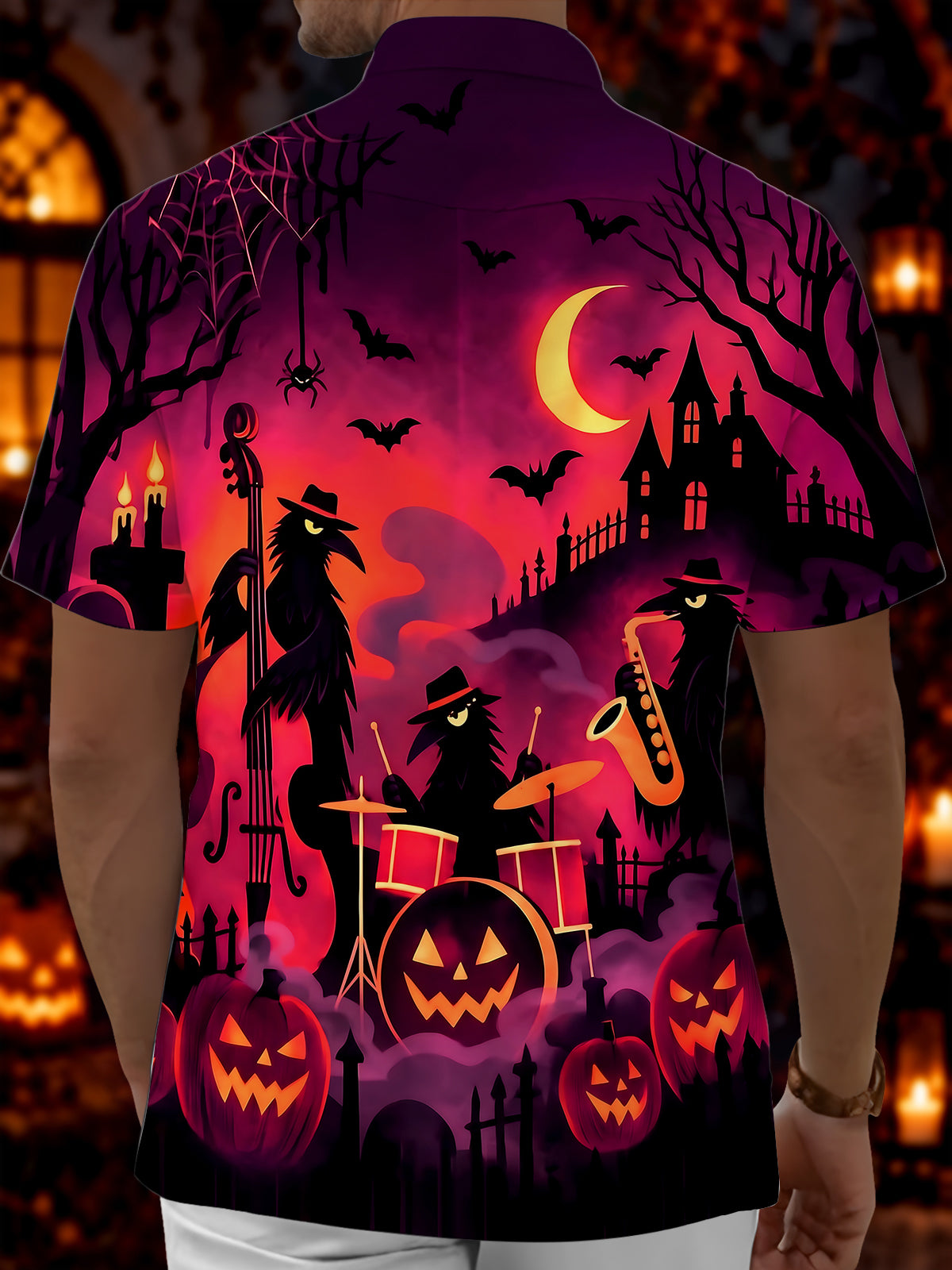 Adaychic Men's Halloween Crow Band Playing Instruments Print Short Sleeve Shirt with Chest Pocket