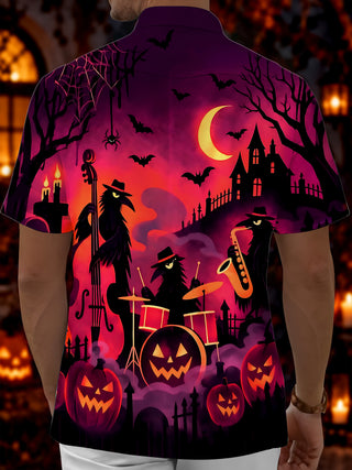 Adaychic Men's Halloween Crow Band Playing Instruments Print Short Sleeve Shirt with Chest Pocket