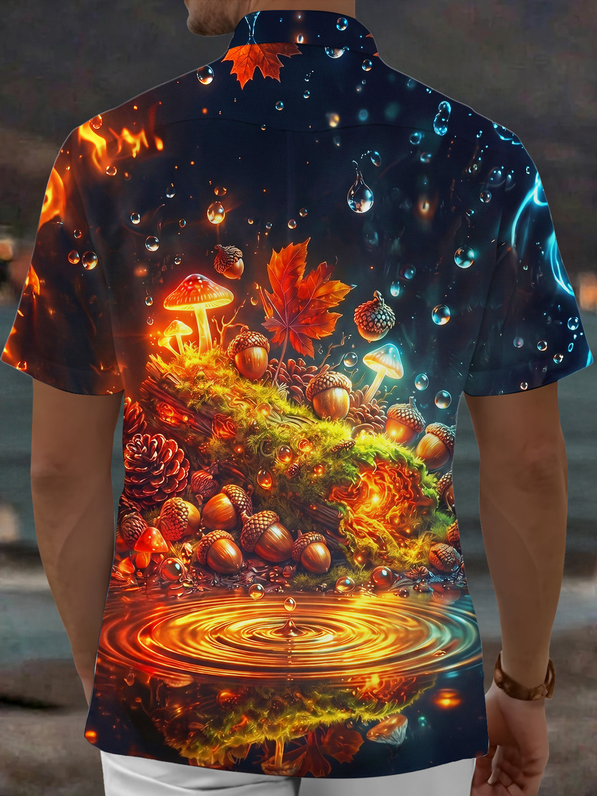 Adaychic Men's Autumn Forest Mushrooms And Acorns Print Short Sleeve Shirt with Chest Pocket