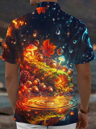 Adaychic Men's Autumn Forest Mushrooms And Acorns Print Short Sleeve Shirt with Chest Pocket