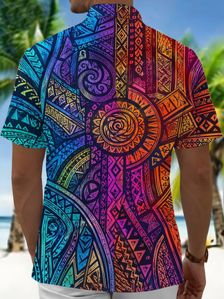 Adaychic Men's Graphic Colorful Geometric Totem Print Short Sleeve Shirt with Chest Pocket