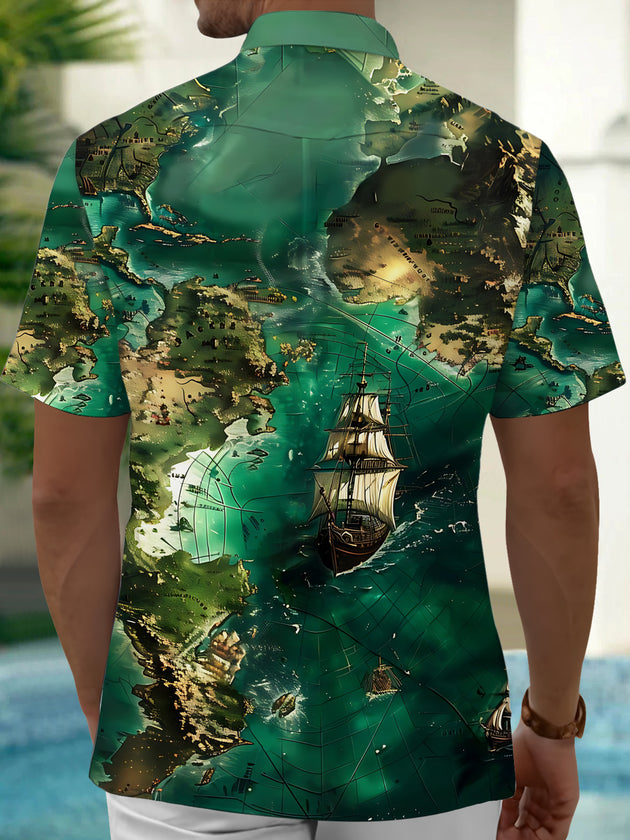 Adaychic Men's Vintage Style Vintage Map Print Short Sleeve Shirt with Chest Pocket