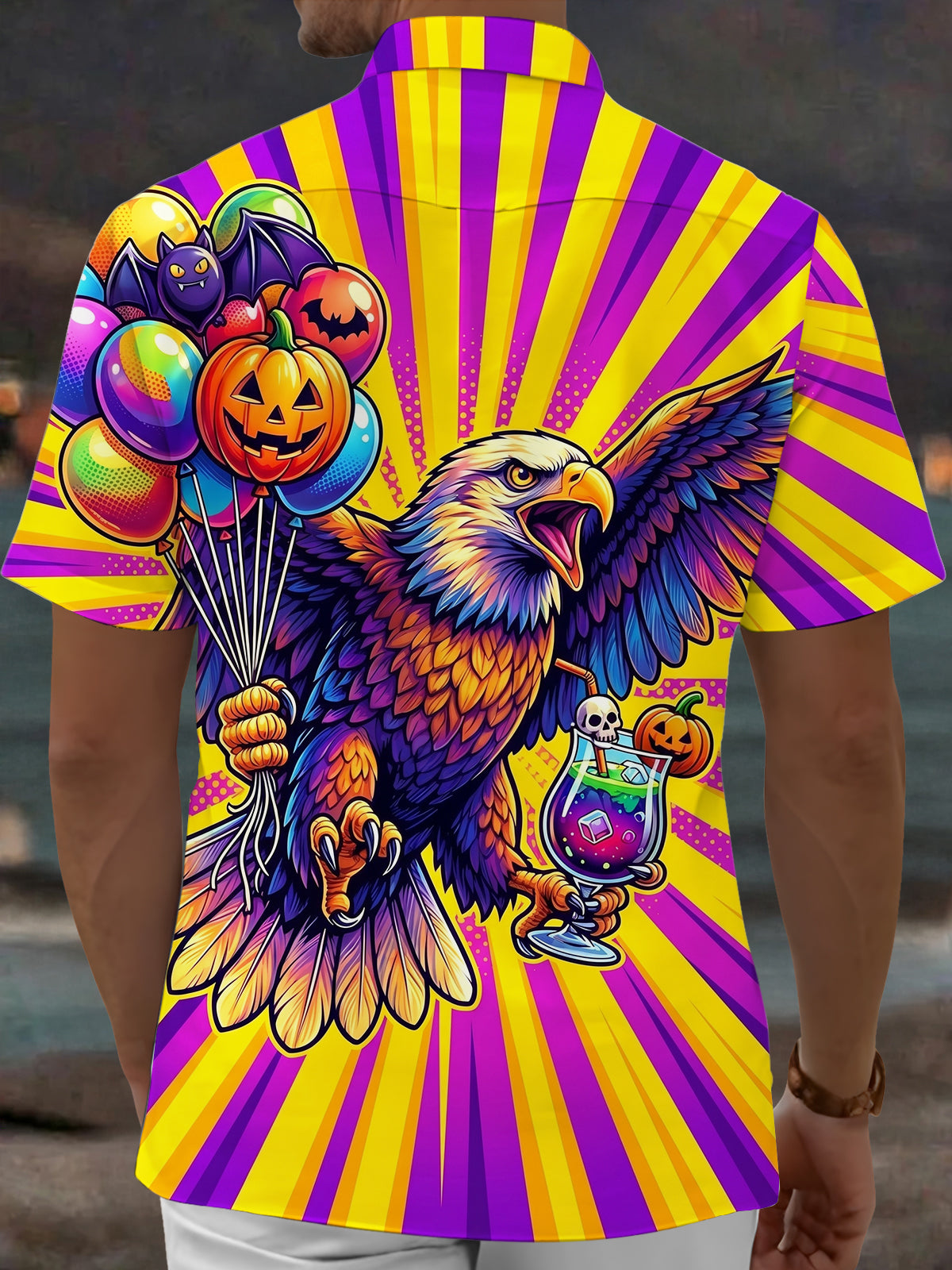 Adaychic Men's Short Sleeve Shirt - Eagle Holding Halloween Balloons And A Potion Drink Print with Chest Pocket