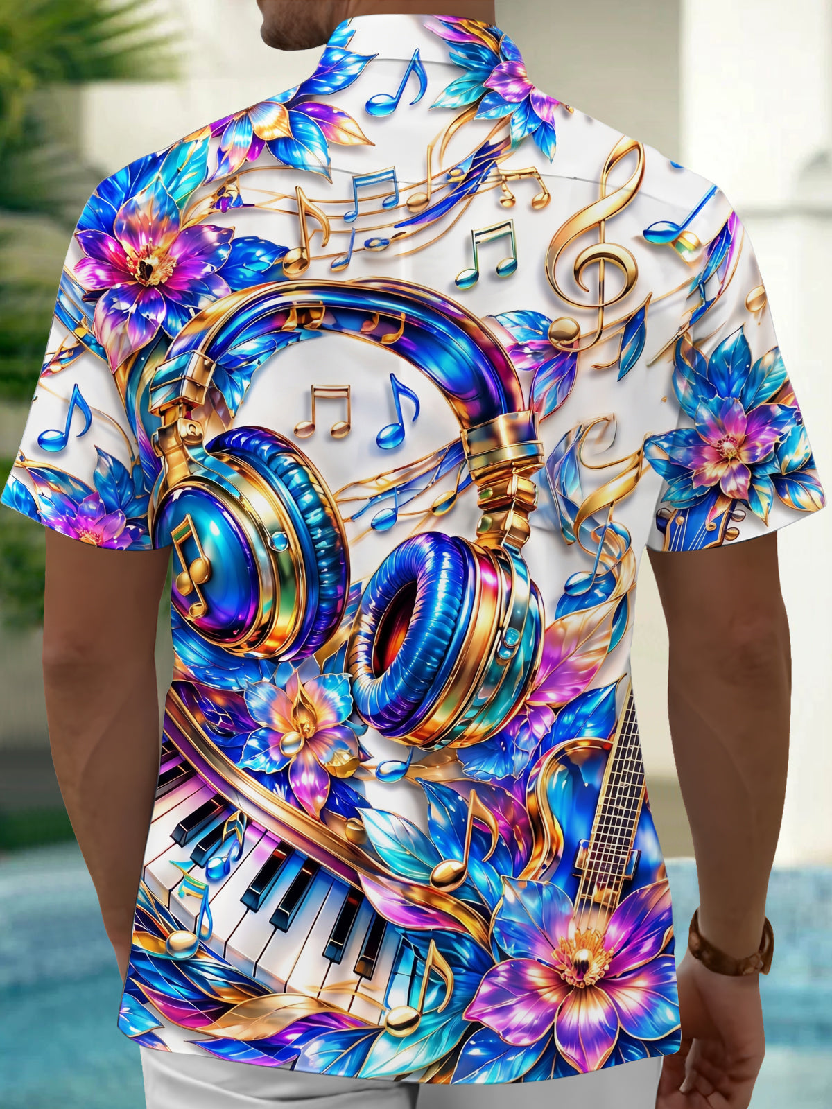 Adaychic Men's Hawaiian 3D Musical Instruments Print Short Sleeve Shirt with Chest Pocket