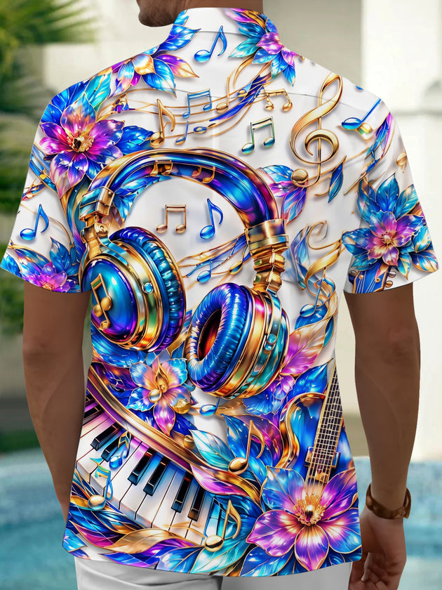 Adaychic Men's Hawaiian 3D Musical Instruments Print Short Sleeve Shirt with Chest Pocket